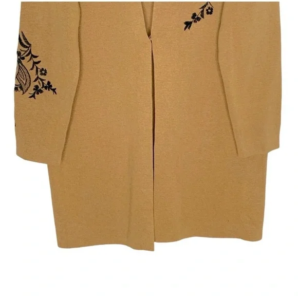 Chico's Long Camel Cardigan with Black Floral Embroidered Design EUC - Picture 5 of 12